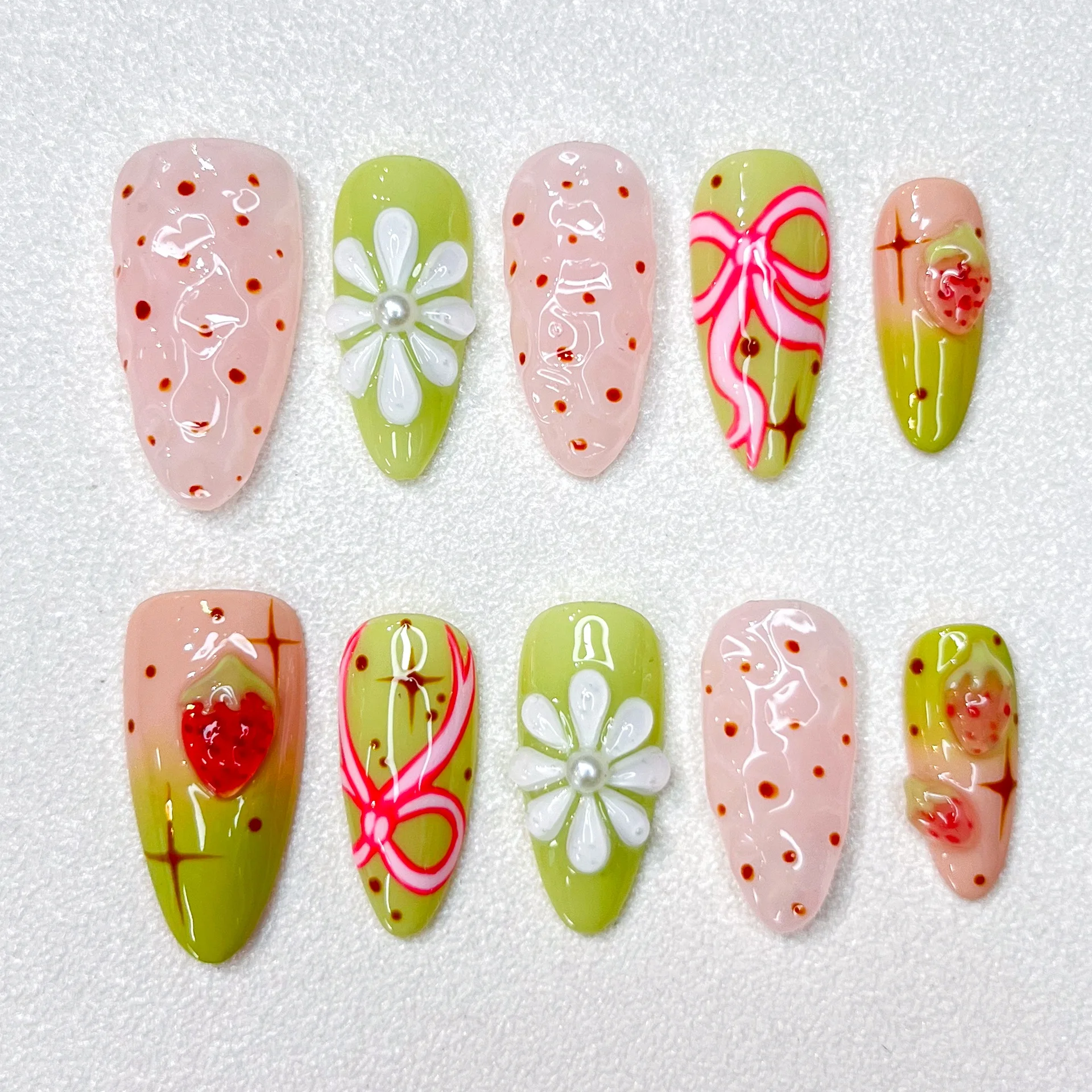 

New Cute Bow Strawberry Hand-painted Series Manicure Almond Length Press on Nails Handmade Fake Nails gradual change green
