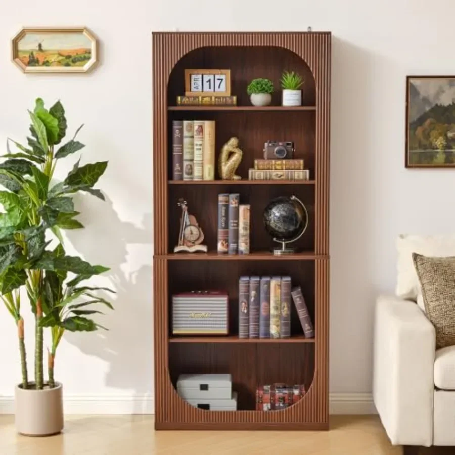 71 Tall Bookcase, 5 Tier Fluted Wood Bookshelf for Living Room, Natural Wood Tone, Sturdy and Stylish Storage Solution