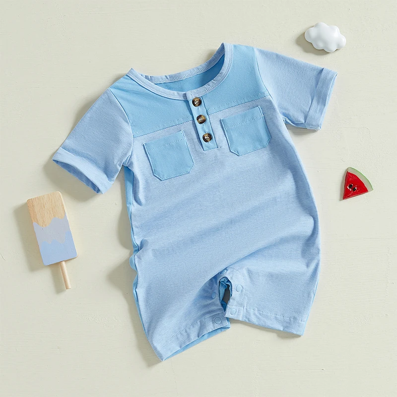 Macacão para bebês de 0 a 18 meses, meninos e meninas, patchwork, gola redonda, manga curta, roupas de verão para crianças pequenas