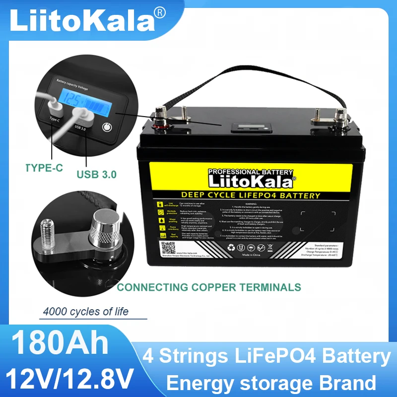 New LiitoKala 12.8V 180AH LCD LiFePO4 Battery pack 12V 4Strings Lithium Batteries for Inverter Touring Car Solar 14.6v Golf cart