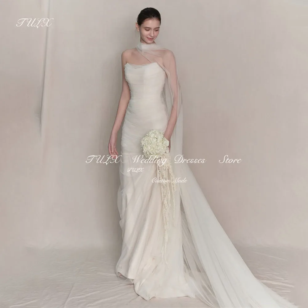 

TULX Simple Strapless Tulle Wedding Photo Shoot Dress Mermaid Corset Sleeveless Korea Bridal Gown Floor Length 웨딩드레스 Customized