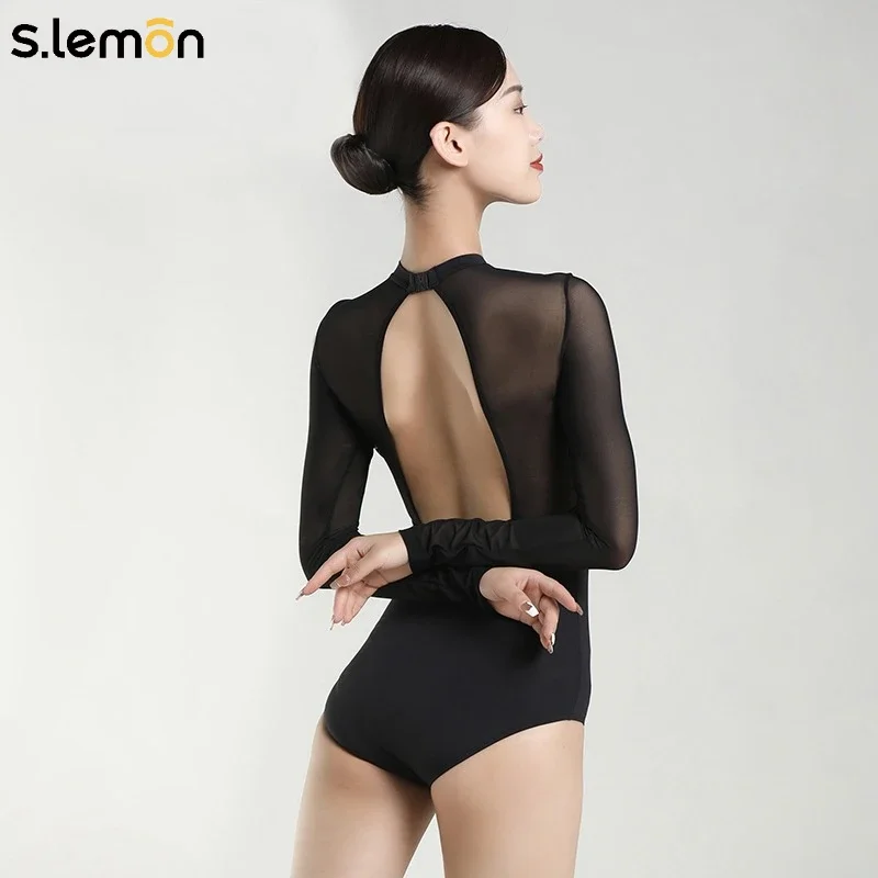 

S.lemon Adult Ballet Leotards,Long Sleeve Mesh/Lace Dance Leotard Stand-up V-neck with Deep U-shaped Back for Adult Women Girls