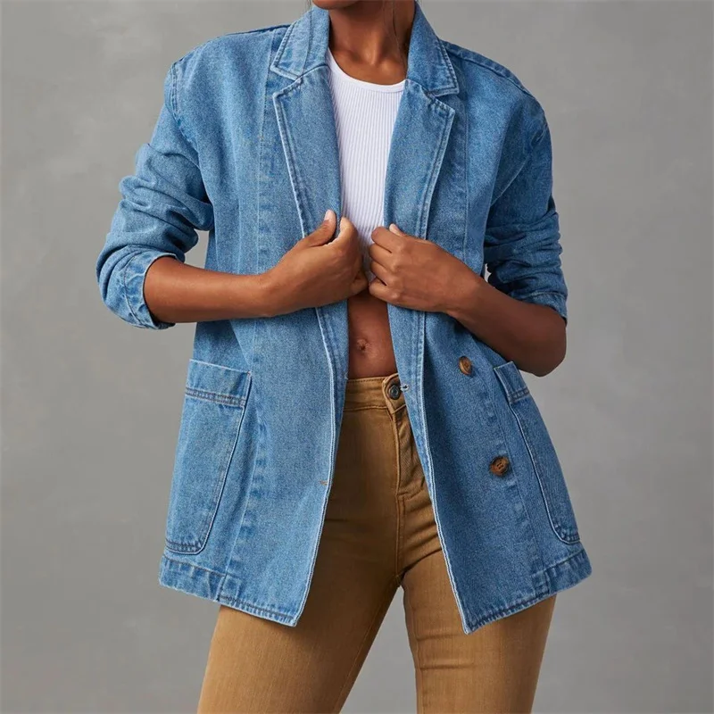 Jaqueta jeans feminina, blazers de jeans, casaco azul retrô, blazers femininos trespassado, lavados soltos, primavera, outono, roupa de rua