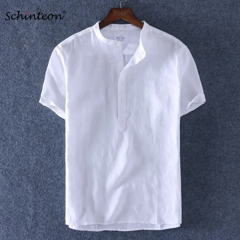 Schinteon New 100% Pure Linen Summer Casual Shirt Men Breathable Stand Collar Short Sleeved Pullover Shirt