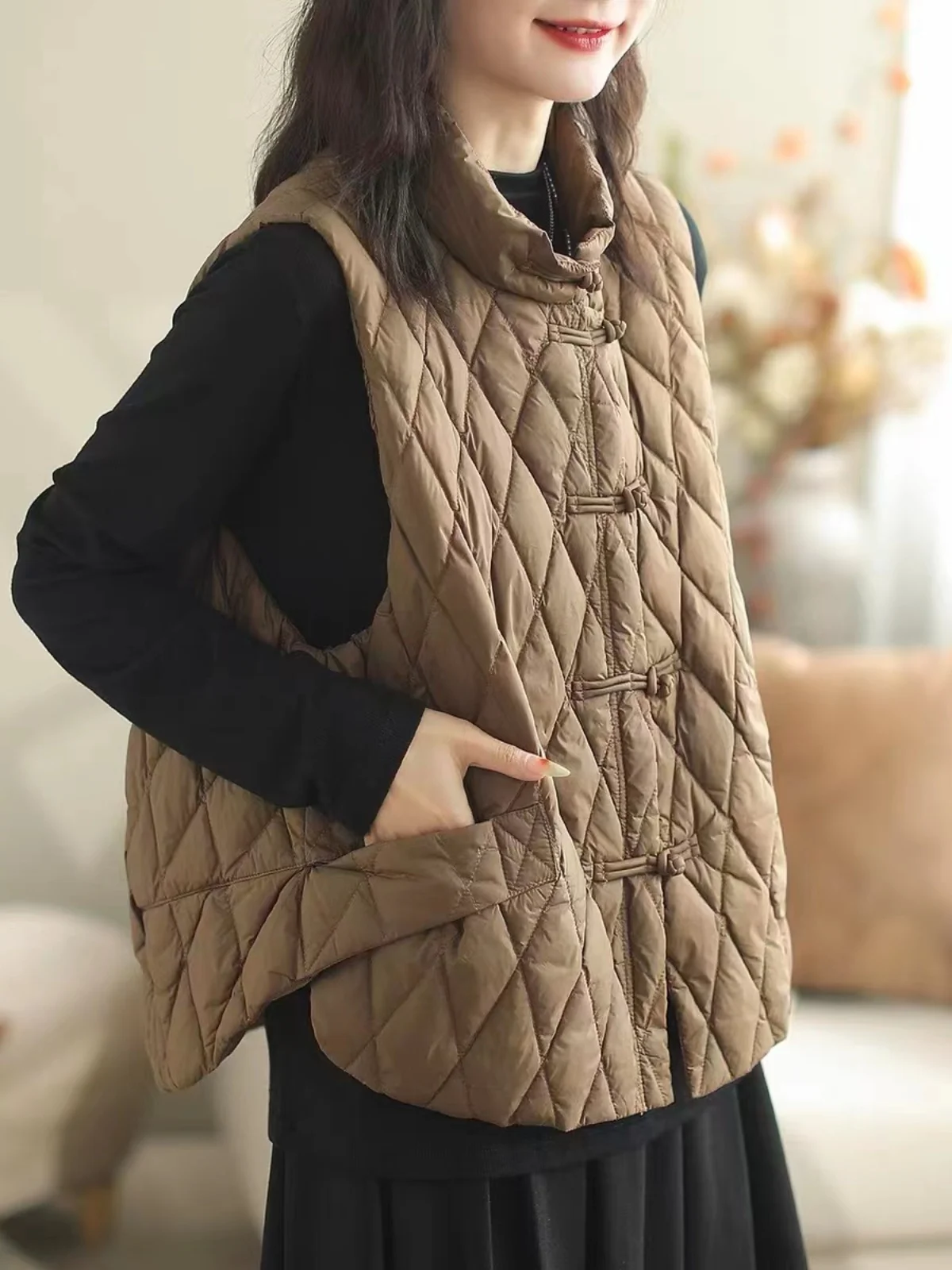 

Women's down Vest Lightweight Cotton Jaet with Button Artistic Retro Sle Autumn Winter New Arrival Faionable Small Size