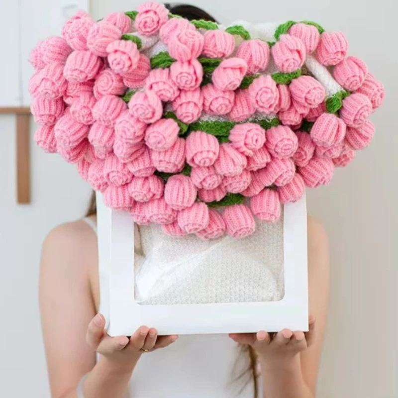 

Cozy Gift for Women,Creative Home Decor,Handmade Rose Knit Throw Blanket, Floral Bouquet Design Multi-Purpose Sofa Cover