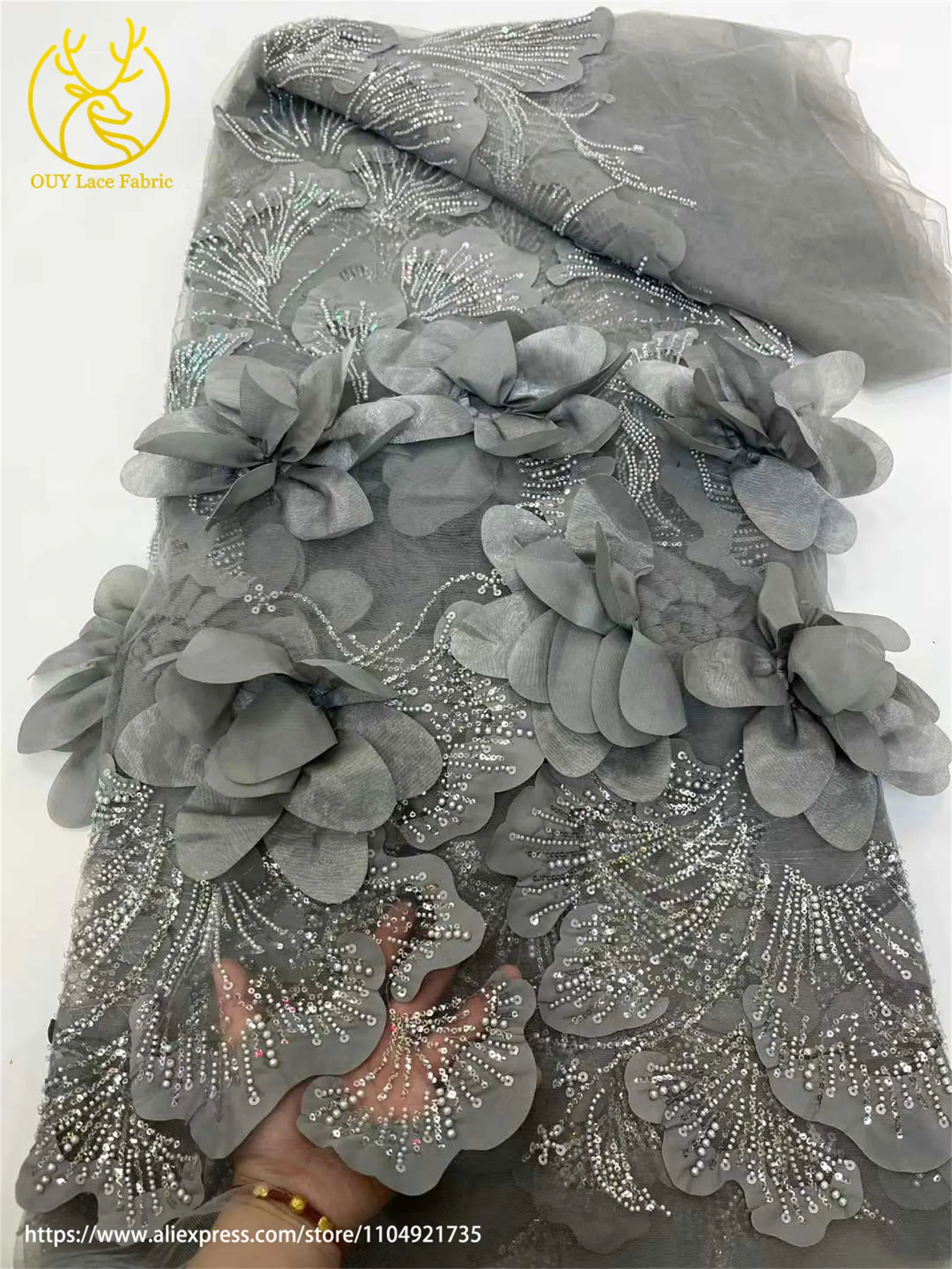 3D Blumenmuster Afrikanischer Braut-Spitzenstoff 2026 Neueste Französische Nigerianische Pailletten-Spitze für Brautkleider und Hochzeitsmode – Detail 13