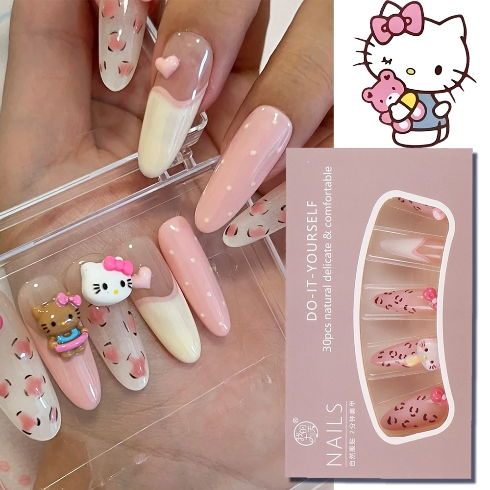 30pcs Pink Hello Kitty Long Almond False Nails Leopard Bow Polka Dots Kawaii Full Cover Press On Nails DIY Manicure Decorations