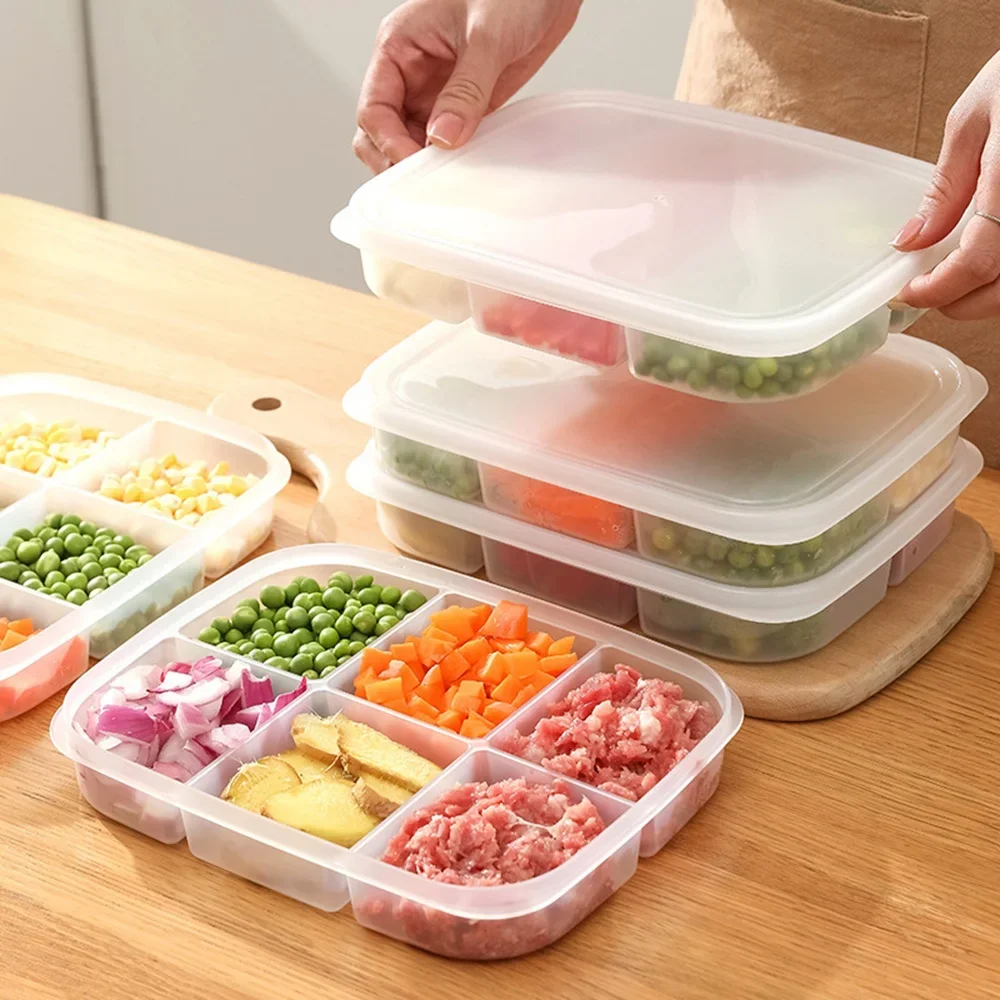 6 Grids Food Fruit Storage Box Portable Compartment Refrigerator Freezer Organizers Sub-Packed Meat Onion Ginger Clear Crisper