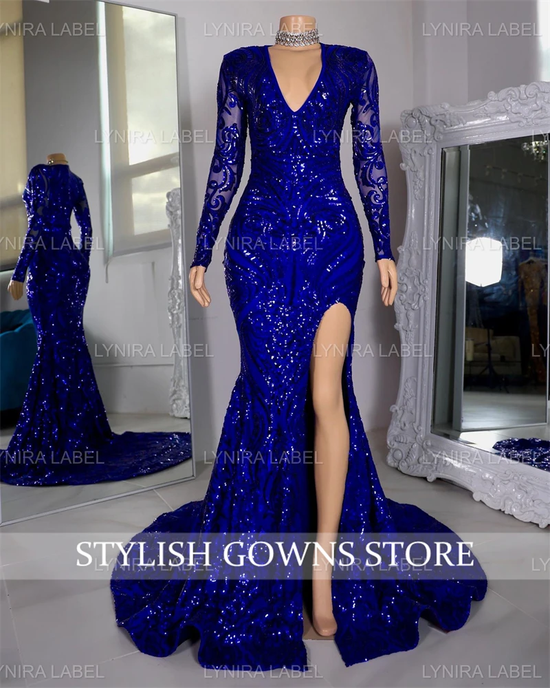 Azul Royal Deep V Neck Long Prom Dress Meninas Pretas 2024 Lantejoula Birthday Party Dresses Com Full Sleeve Evening Gowns Personalizado