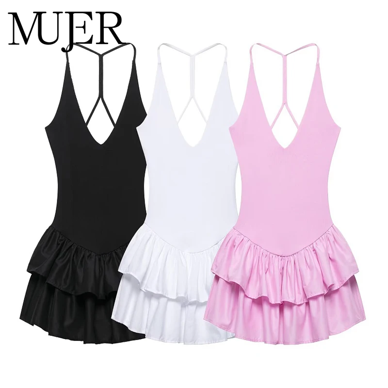 MUJER 2025 Rüschen Kurze Kleider für Frauen Weißes rückenfreies Neckholder-Kleid Frau Schwarz, figurbetontes Minikleid Frauen Slip-Partykleider
