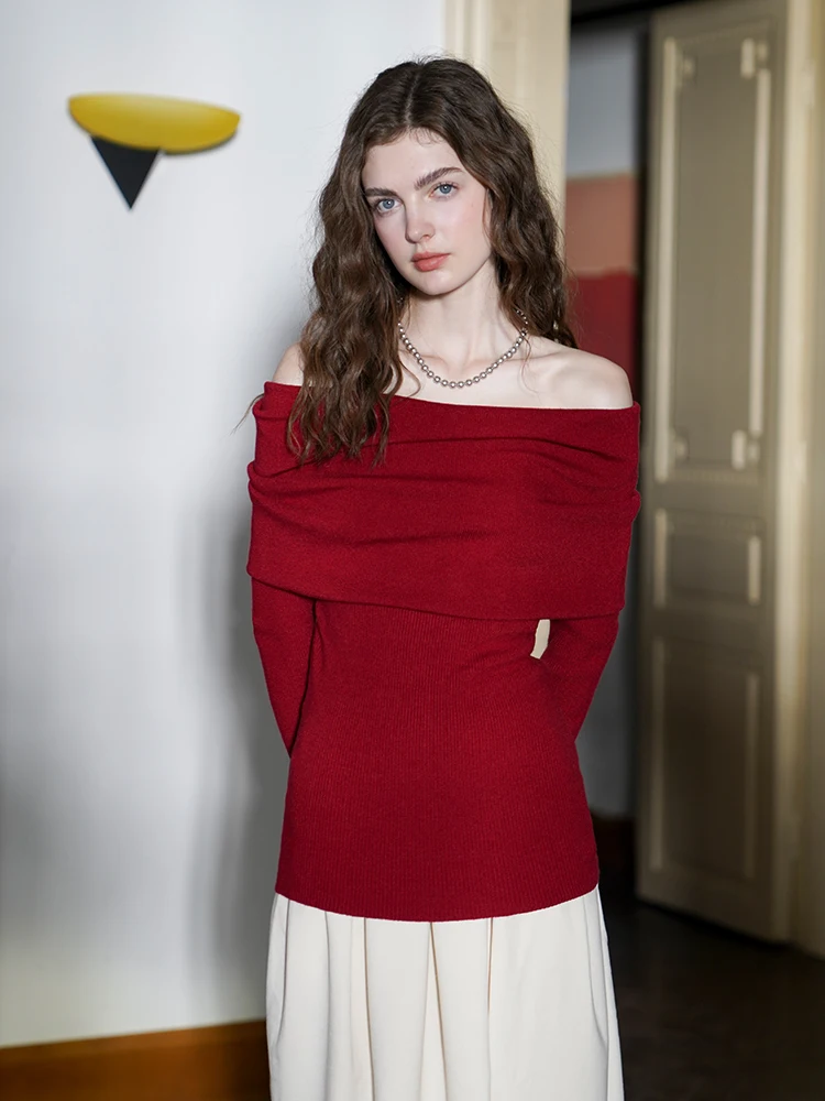 

Miorastudio Vintage Red One-Shoulder Knitted Top Slimming Pure Desire Style Women's Fashion Soft Long Sleeve Casual Wear