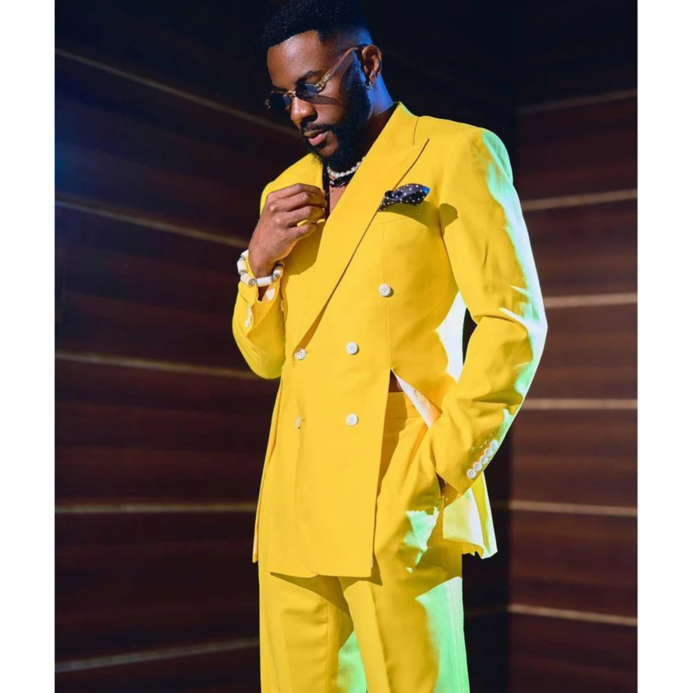 

Slim Fit Man Suit Yellow Double-breasted Peak-Lapel Two Pieces(Jacket+Pants) with Double-vented Breathable Set for Cocktail-hour
