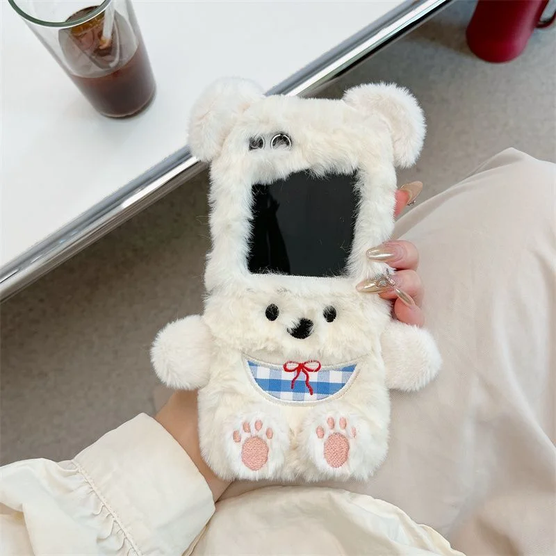 

zflip6 case cute women 3d plush bear beige phone case for samsung galaxy z flip 5 6 cover kawaiii funda coque