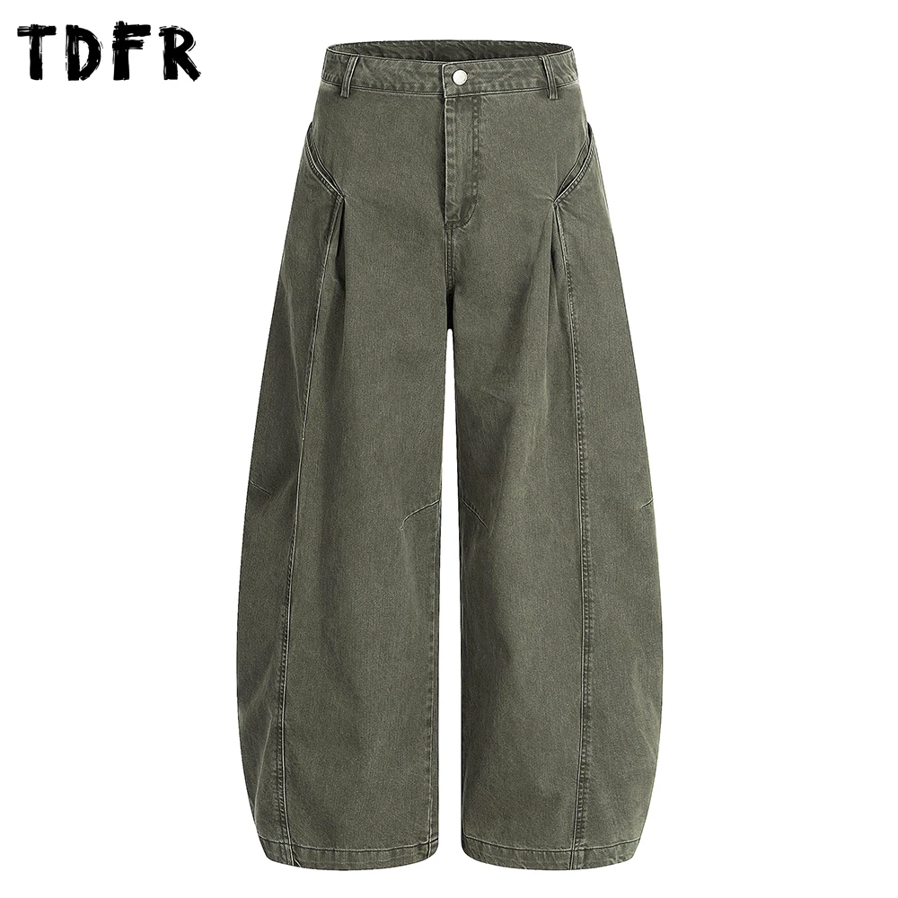 

Spliced Faded Jeans Mens Retro Casual Washed Distressed Baggy Wide Leg Banana Denim Pants Man
