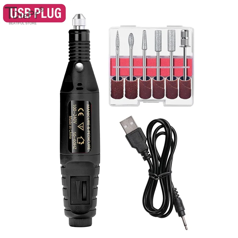 Conjunto de máquina elétrica de broca de unhas, kit profissional de manicure e pedicure com 6 brocas, recarregável por USB e velocidade ajustável, 1 peça