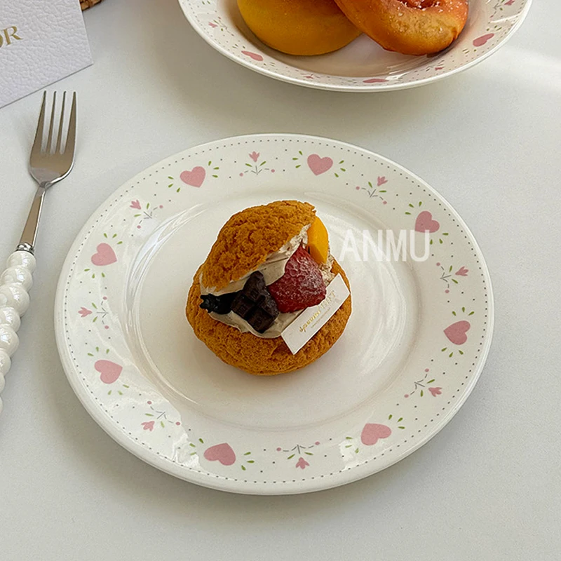 Heart Print Bread Dessert Plates Household 8 Inch High Temperature Firing Craft Round Tableware Korean Style Good-looking Dish