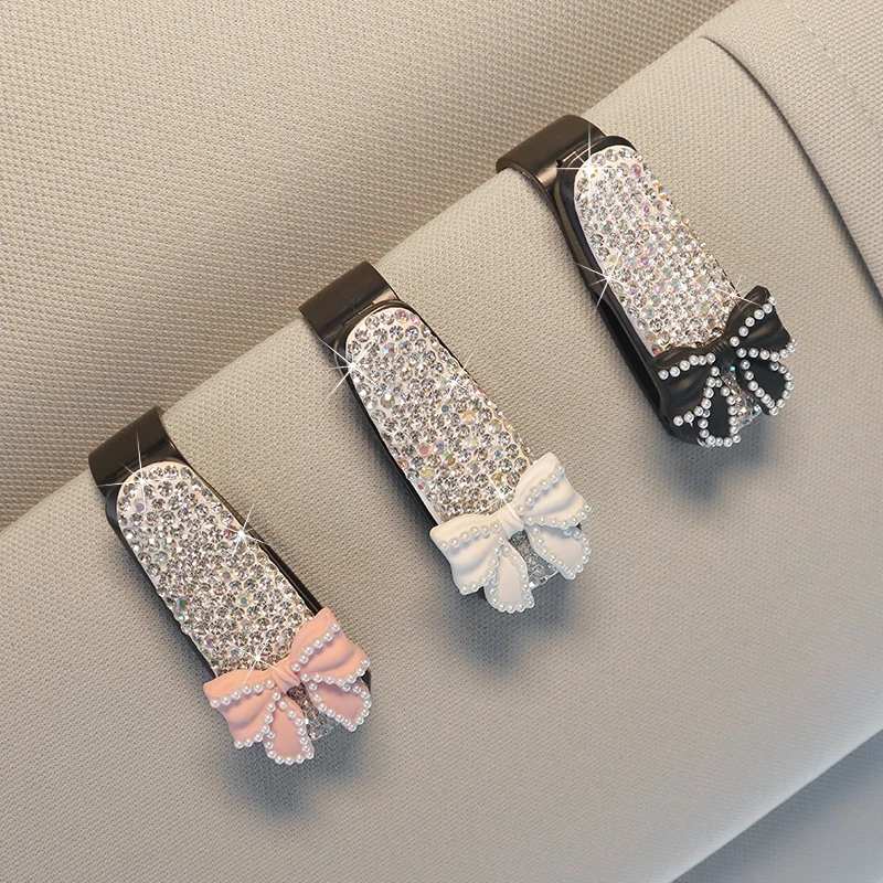 Cute Bow Sun Visor Mount Sunglasses Clip Holder Rhinestone Bracket Portable Sunglasses Car Crystal Clip Decoration Accessories