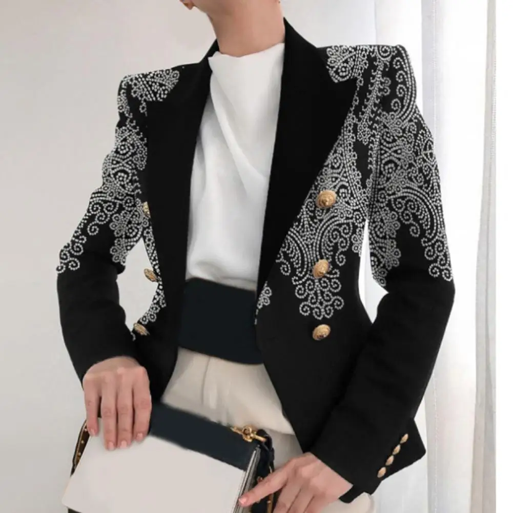 Women Blazer Right-angle Shoulder Double Breasted Long Sleeves Spring Blazer OL Style Print Cardigan Coat Women Jacket Suit Top