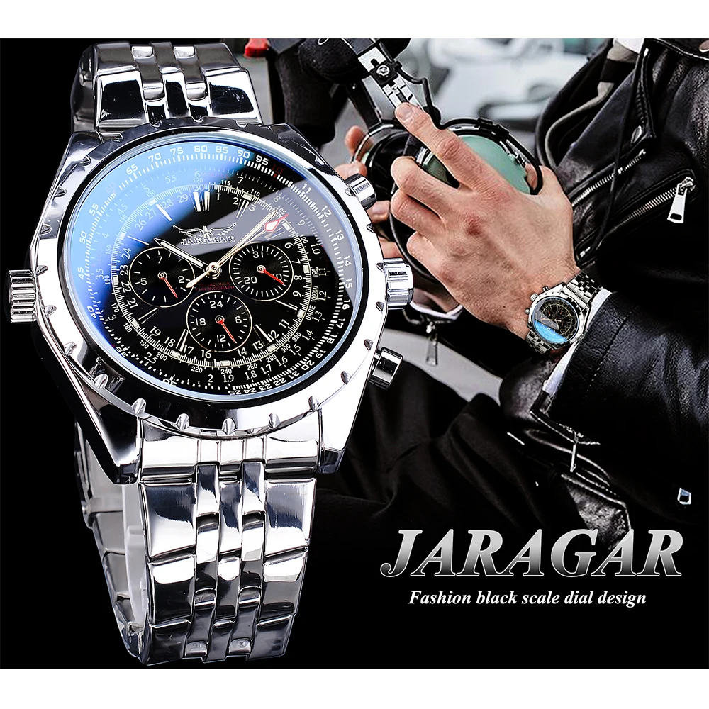 Jaragar – montre-bracelet automatique en acier inoxydable pour hommes, Design verre bleu, noir et argent, horloge de Date lumineuse, Business