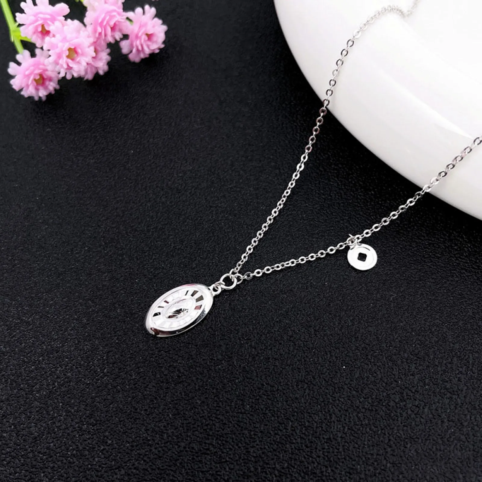 Real Pure Platinum 950 Women Lucky Coin Carved Oval O Link Chain Adjust Necklace 3.76-3.9g