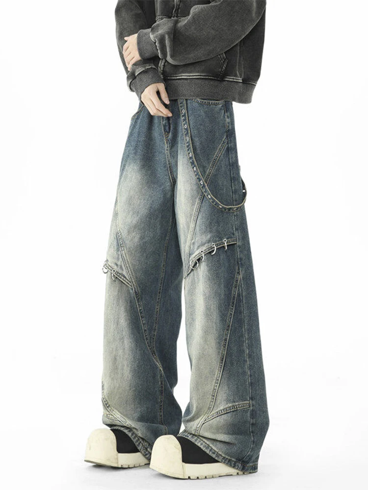 

Мужские джинсы Streetwear Sle: весенне-осенние, свободные, прямого кроя, в стиле High Street, с эффектом потертости, повседневные, дышащие, из денима