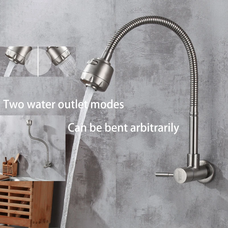 

ULA Brushed Kitchen Faucet Wall Mounted 2 Models Single Cold Water Sink Faucet 360 Rotation Spout Sprayer Taps Nozzle