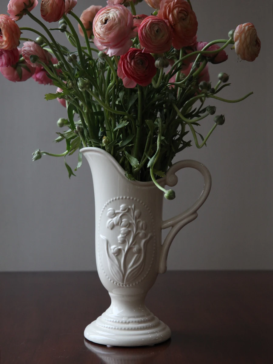 Ceramic Embossed Bellflower Cream Pitcher Vase