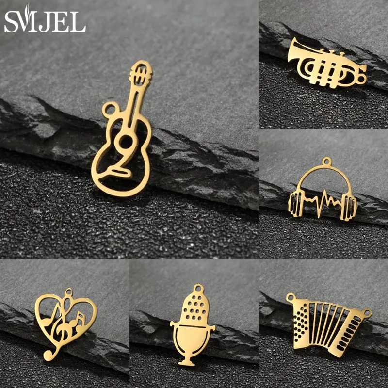 5pcs/lot Trendy Musical Note Charms for DIY Jewelry Making Gold Color Microphone Guitar Necklace Bracelet Earring Pendants dijes