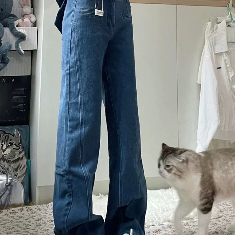 Jeans mit Schleifendetail für Damen, Hose mit hoher Taille und weitem Bein, Vintage-Blau, schlankmachende schmale Palazzos für den Herbst