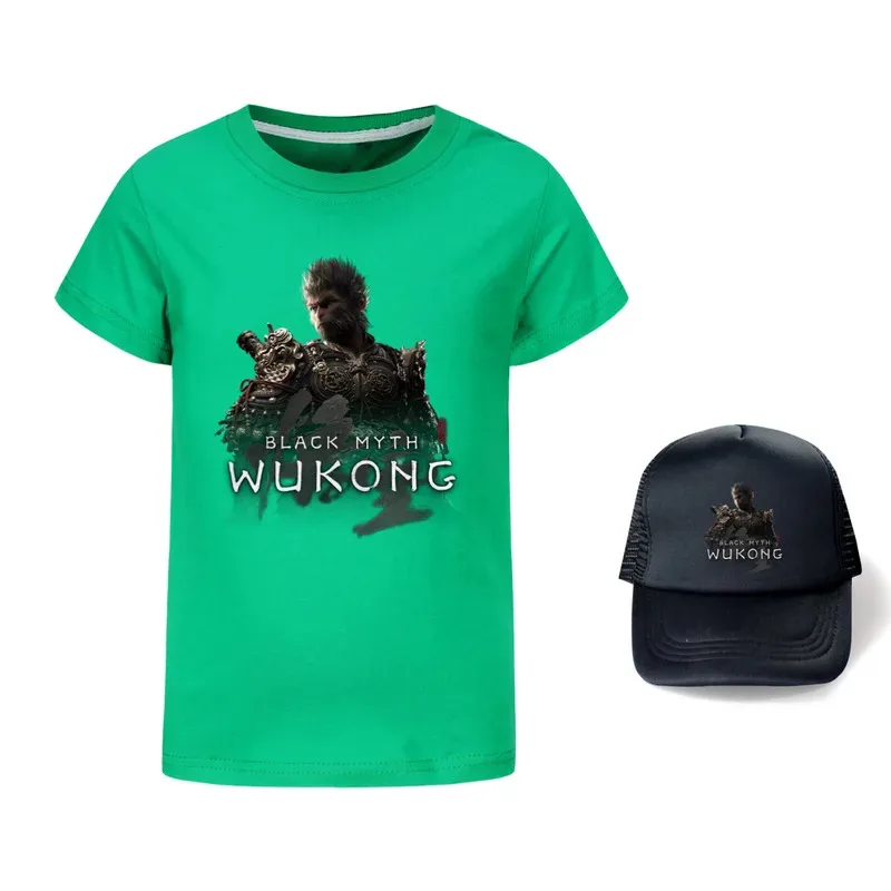 111 www Game Black Myth Wukong طباعة زي أطفال بنين وبنات على مهل تي شيرت + قبعة موضة عيد ميلاد مهرجان هدية لـ Ch #5