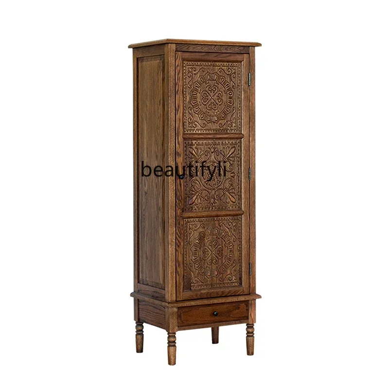 NQ American country solid wood carving flower TV side cabinet pastoral retro oak, versatile locker