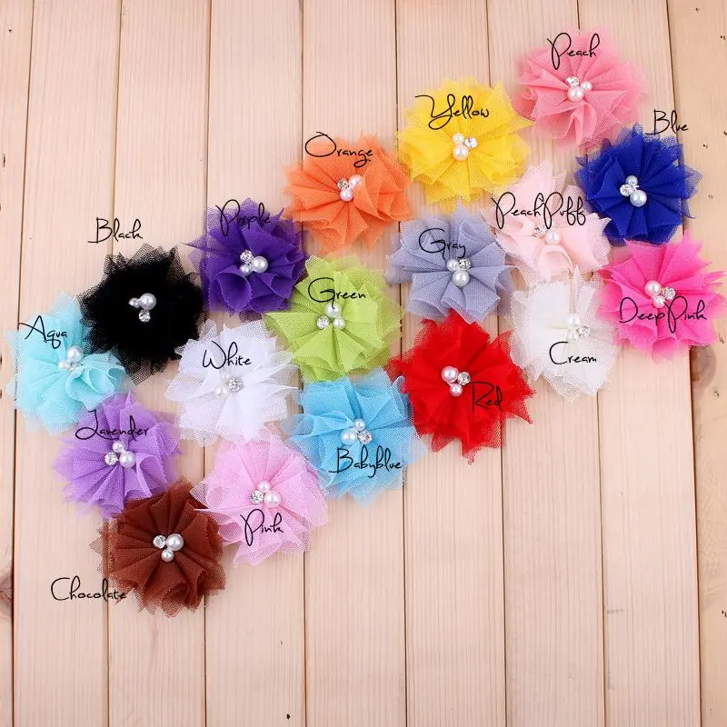 20pcs/lot 6.5cm 18colors DIY Soft Chic Mesh Hair Flowers With Rhinestones+Pearls Artificial Fabric Flowers For Kids Headbands