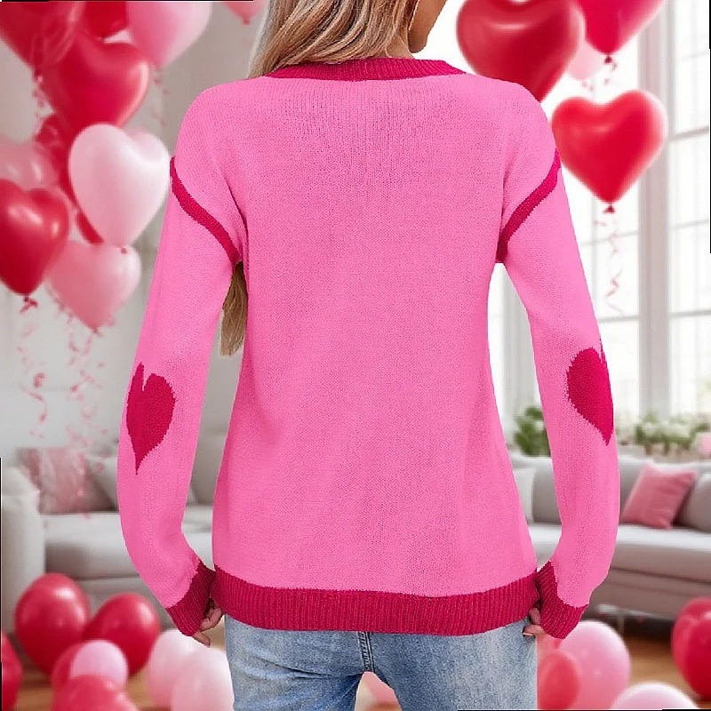 Valentine's Day Sweaters for Women Heart Contrast Color Crewneck Knit Tops Pullover
