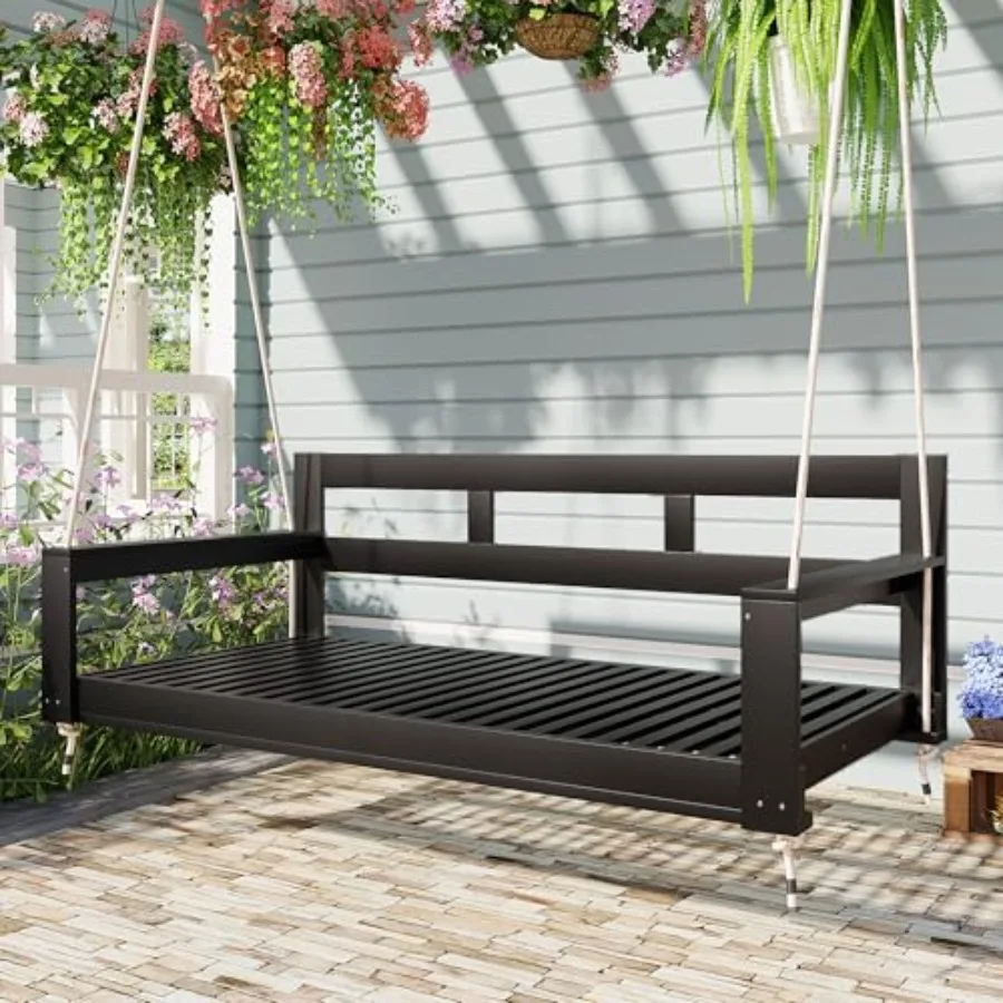 

Patio Wooden Twin Size Porch Swing Daybed Frame, Garden Swing Bench Chair with 4 Hanging Ropes for Backyard, Outdoor