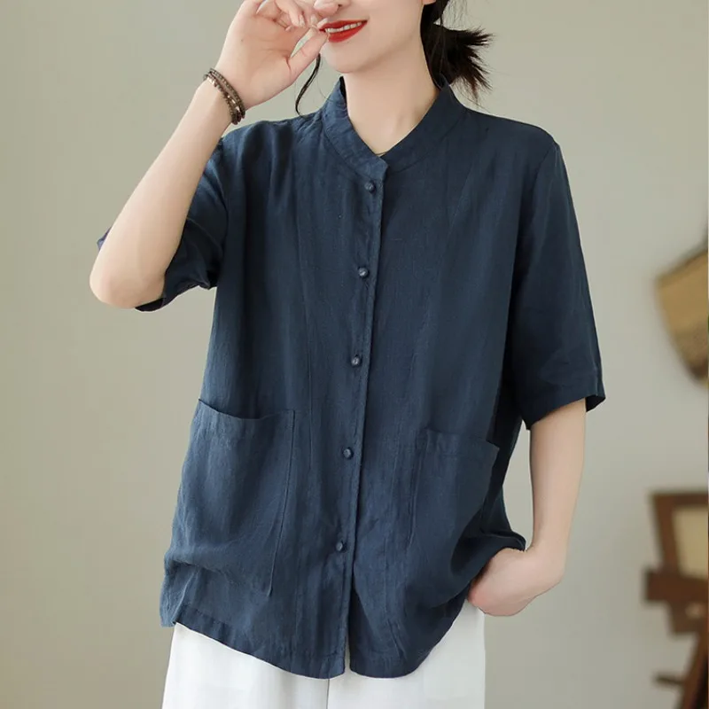 

Retro Cotton Linen ort Sve irt Women Loose Chinese Sle Tai Chi Tea Costume Top Button Detail Patchwork Casual irt
