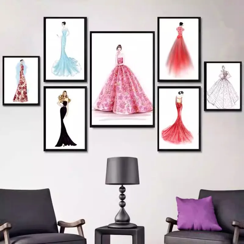 Dress hall decorative painting, wedding shop mural imitation hand-painted stick figure wedding photo studio combination clothing