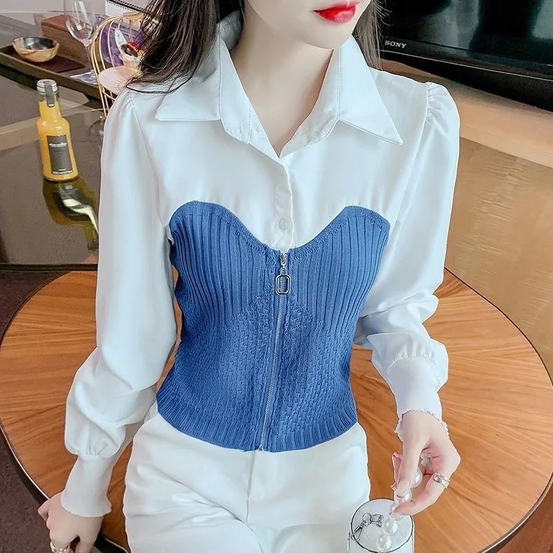 

2025 Spring Autumn Women's Shirt New Style Fake Two Piece Small Shirt Top