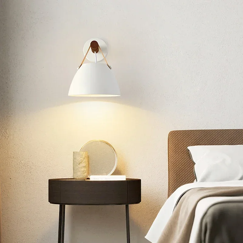 LED Bedside Wall Lamp Nordic Wood Leather Belt Hanging Sconces For Bedroom Study Living Room Modern Home Indoor Decorative Light