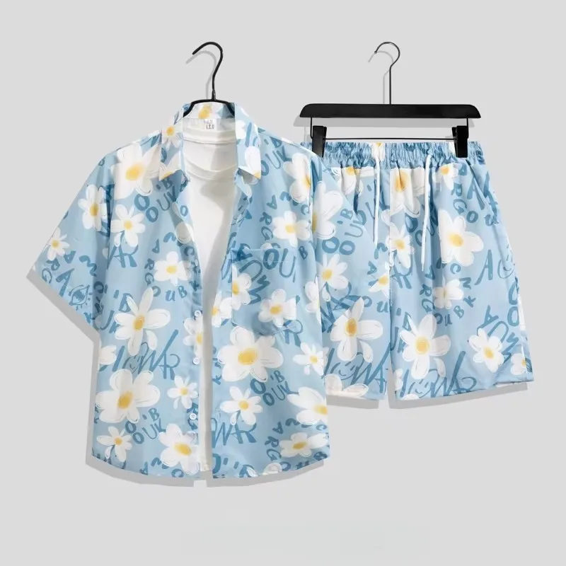 Men's Summer Beach Shirt Set Loose Plus Size Ice Silk Quick Drying Hawaiian Beach Vacation Printed Short Sleeve Shorts Set Men