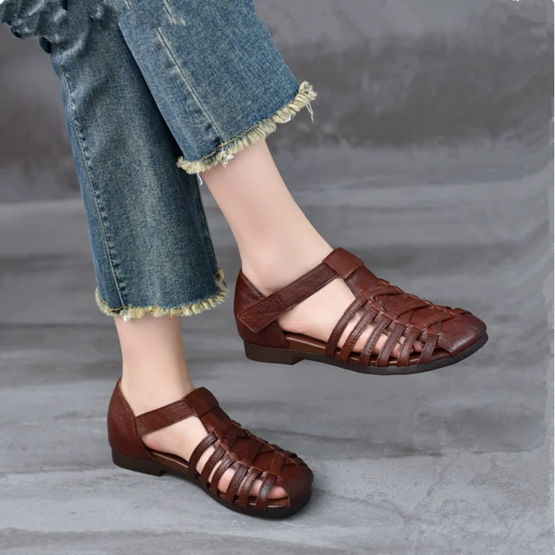 Retro Style Soft Leather Roman Sandals Women's Open-Toe Hollow out Breathable Comfortable Lightweight Mom Shoes round Toe