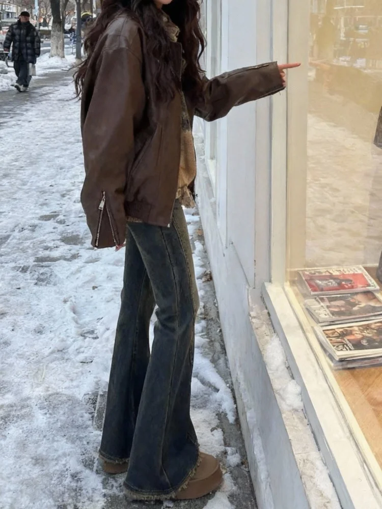 Fce doublé jean évasé femme automne hiver taille haute pantalon à jambes larges Bootcut Denim Skinnifng pour corps poire aped