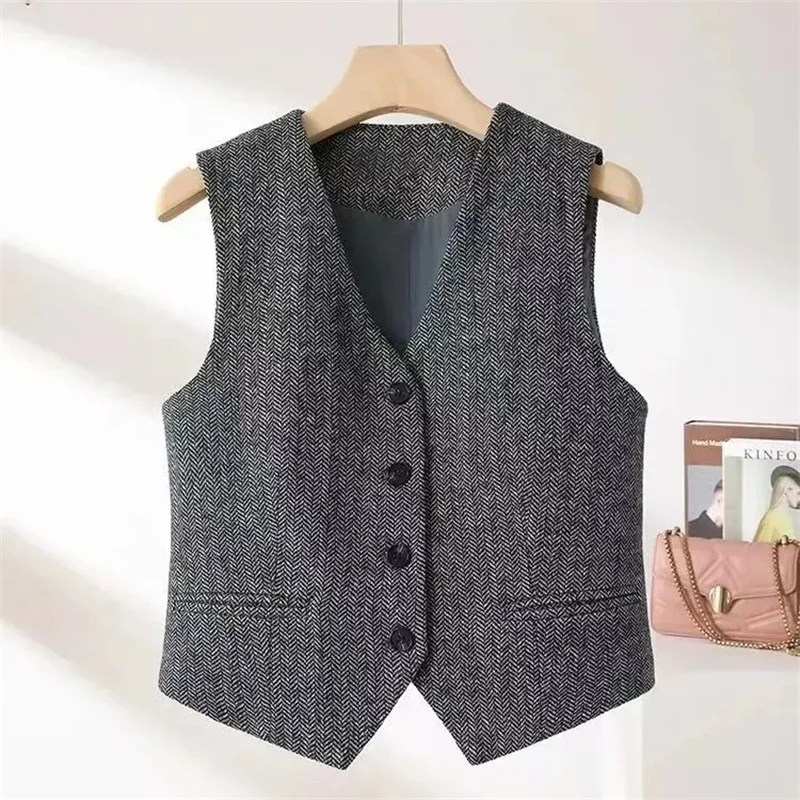 2025 Chaleco de espiga con cuello en V Retro de estilo británico, chaqueta ajustada a la moda para mujer, nuevo combinado con chaquetas sin mangas, Top informal