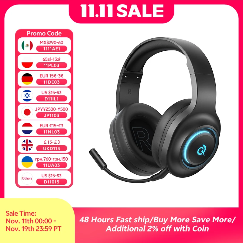 QCY Heroad V200 Gaming Over Ear Headphone Wireless Bluetooth 6.0 with Mic 50mm Driver 7.1 Surround Sound Dynamic EQ RGB Headset