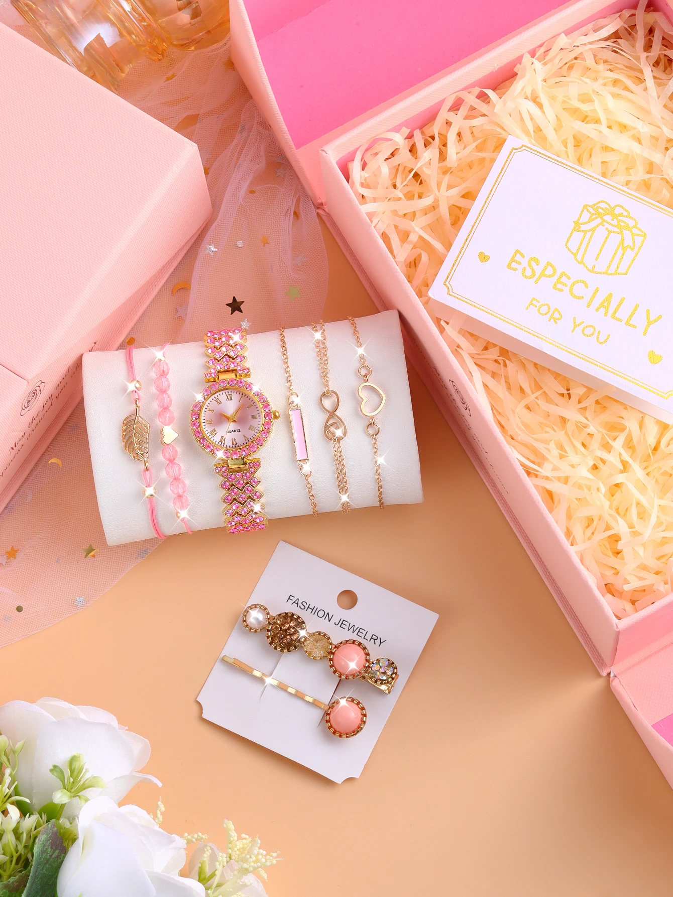 Relógio quartzo rosa e pulseira de cabelo, presente magnético para meninas, seleção de temporada de volta às aulas