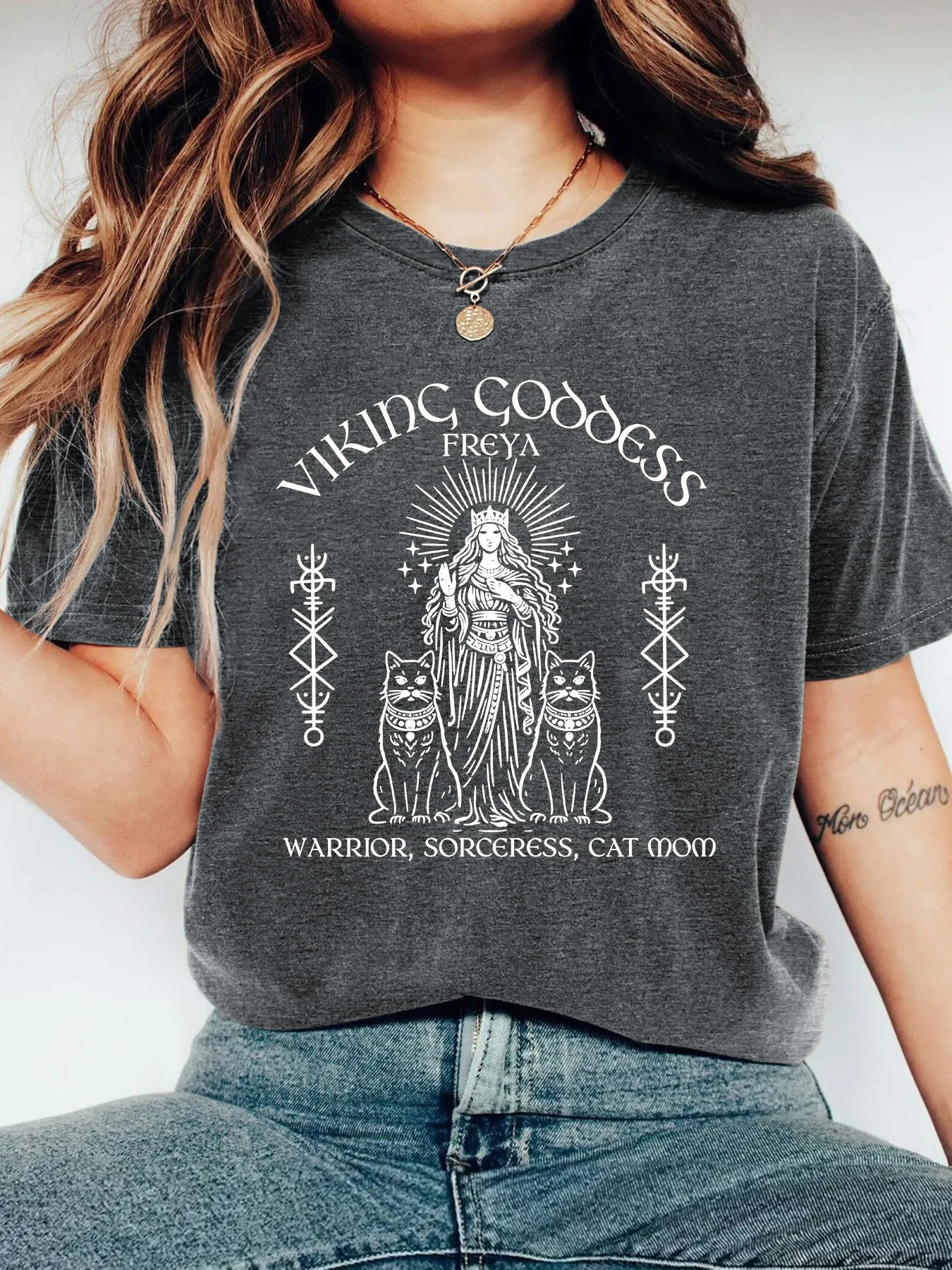 Nordic Retro-Style Pattern | Short-Sleeve Top Featuring Viking Goddess, Cat, Runes, and English Lettering women clothing