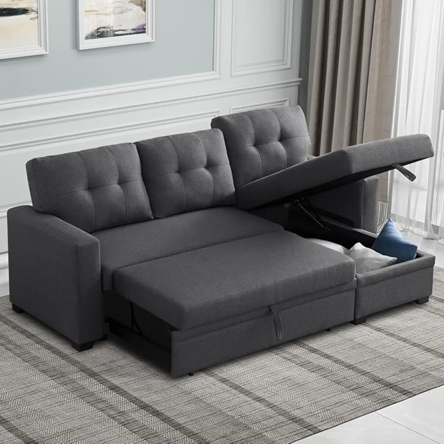 Reversible Sectional Sofa Couch, Sleeper Sofa Bed w/ Storage Chaise Pull Out Couch Bed | Hidden Stroge| Pull Out Bed | Dark Grey