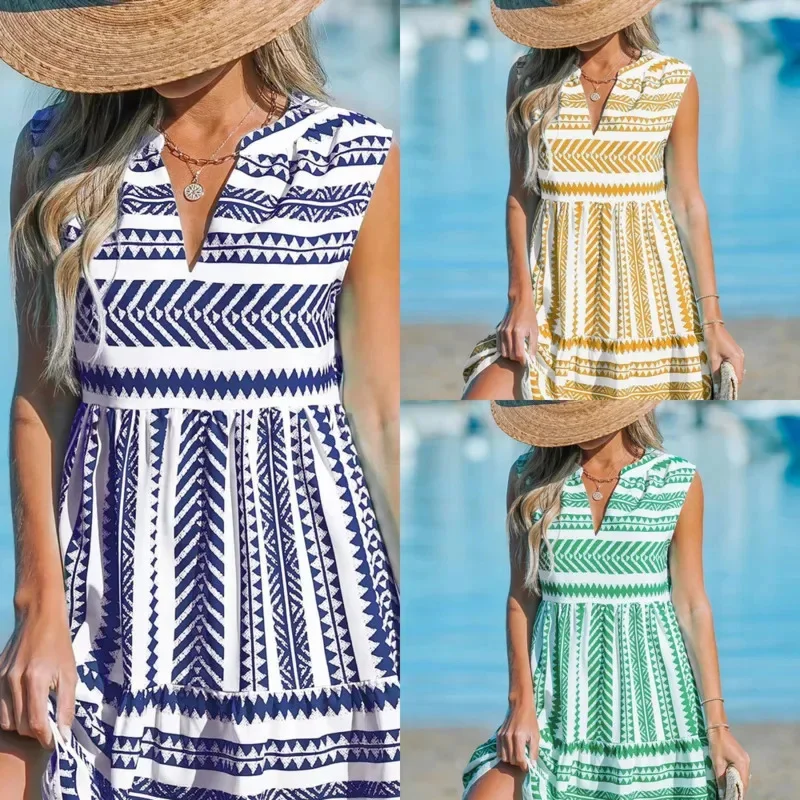 

Off Shoulder Dresses Striped Casual Loose Fit V-Neck Sleeveless Midi Dresses Fashion Preppry Style Office Lady Mid Waist Dresses