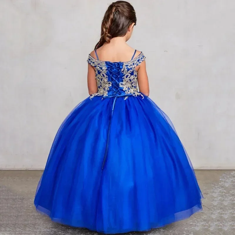 Customized Royal Blue Flower Girl Dress For Wedding Silvery Appliques Tulle Floor Length Classic Luxury Birthday Pageant Gown