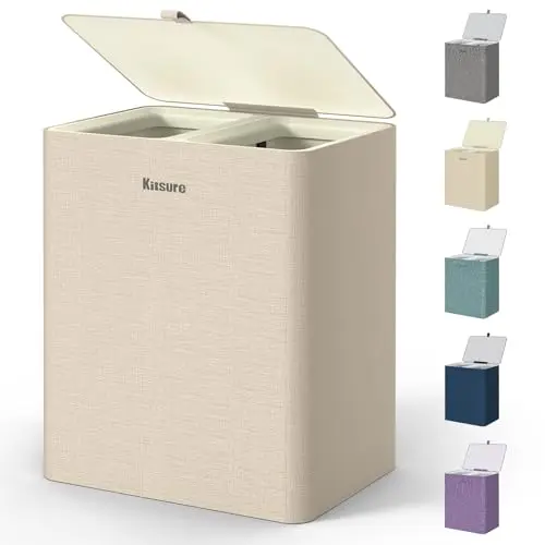 

Корзина для белья Kitsure 95 л – Большая корзина для белья с крышкой, 2-секционный органайзер для сортировки одежды со съемными мешками для белья, цвет: белый